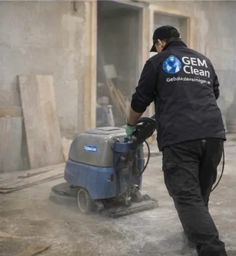 Mann beim Staubsaugen auf einer Baustelle