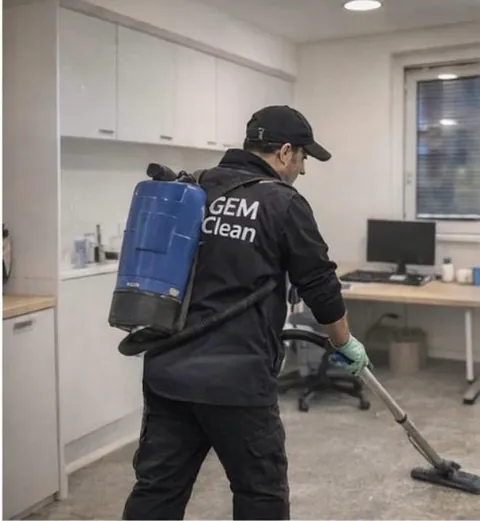 Professionelle Reinigungskräfte in blauer Uniform waschen den Boden und wischen den Staub von der Lampe im Wohnzimmer der Wohnung.