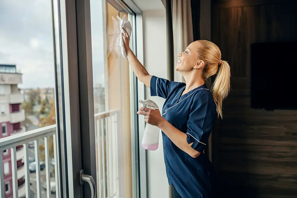 Ein glückliches Zimmermädchen putzt die Fenster eines Hotelzimmers mit Reinigungsmittel und Lappen.